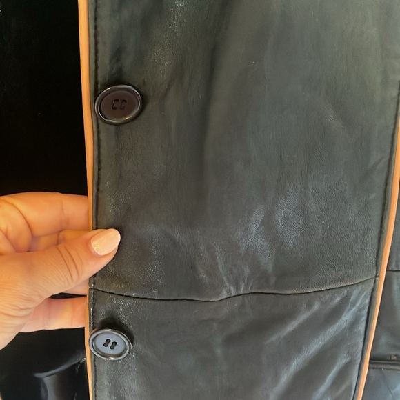 Black with Tan Trim Long Leather Jacket - Picture 7 of 14